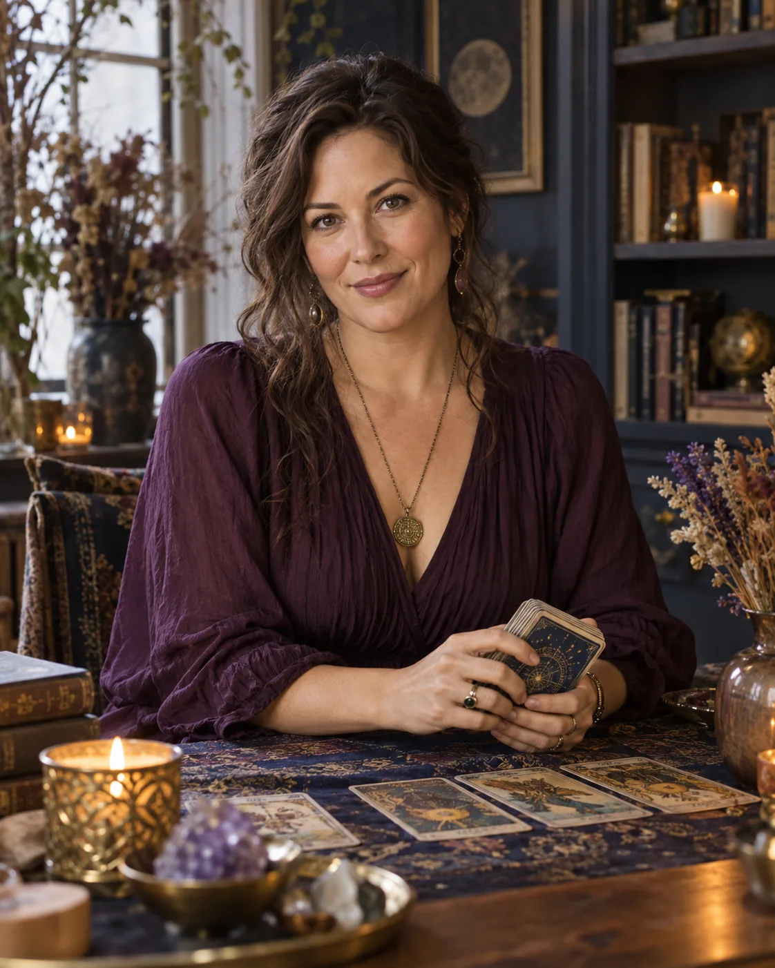 Selene, a warm and welcoming tarot reader, seated with her deck