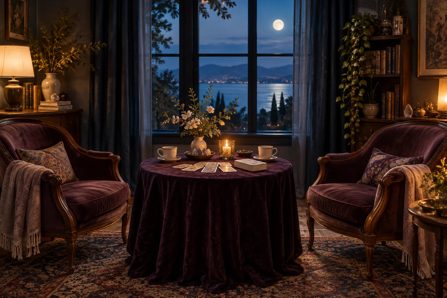 A private tarot reading studio prepared with two chairs, cards, and candlelight