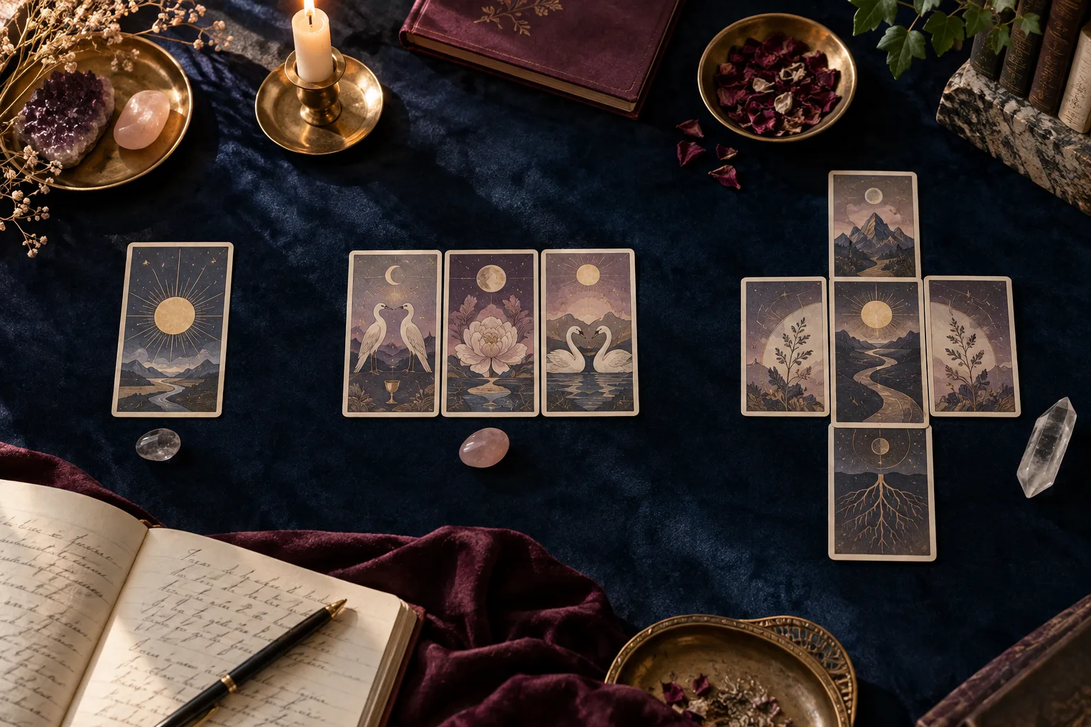 A considered arrangement of tarot spreads used for different questions